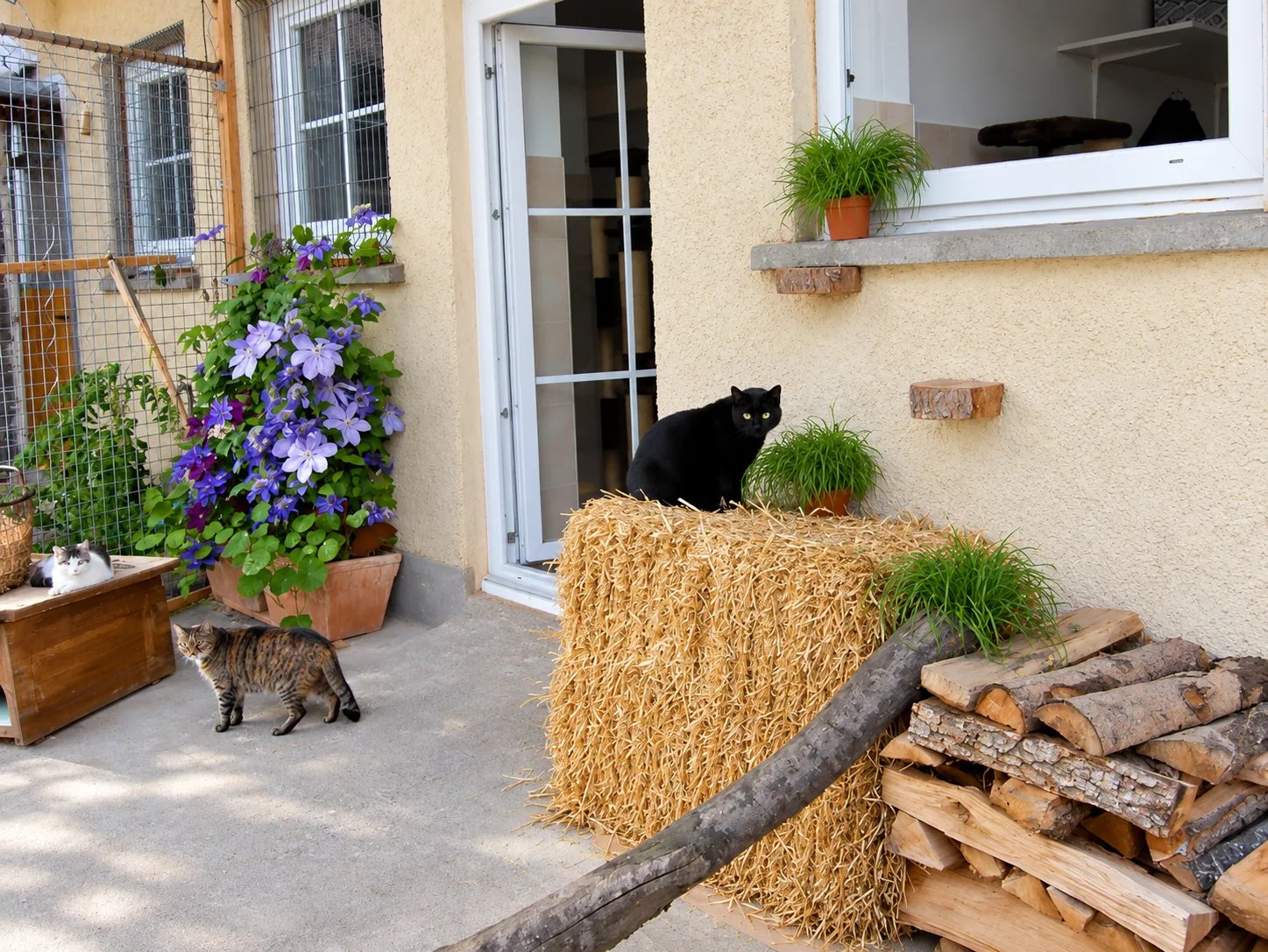 Strohballen vor der Blumenwand mit Katzen im Freisitz