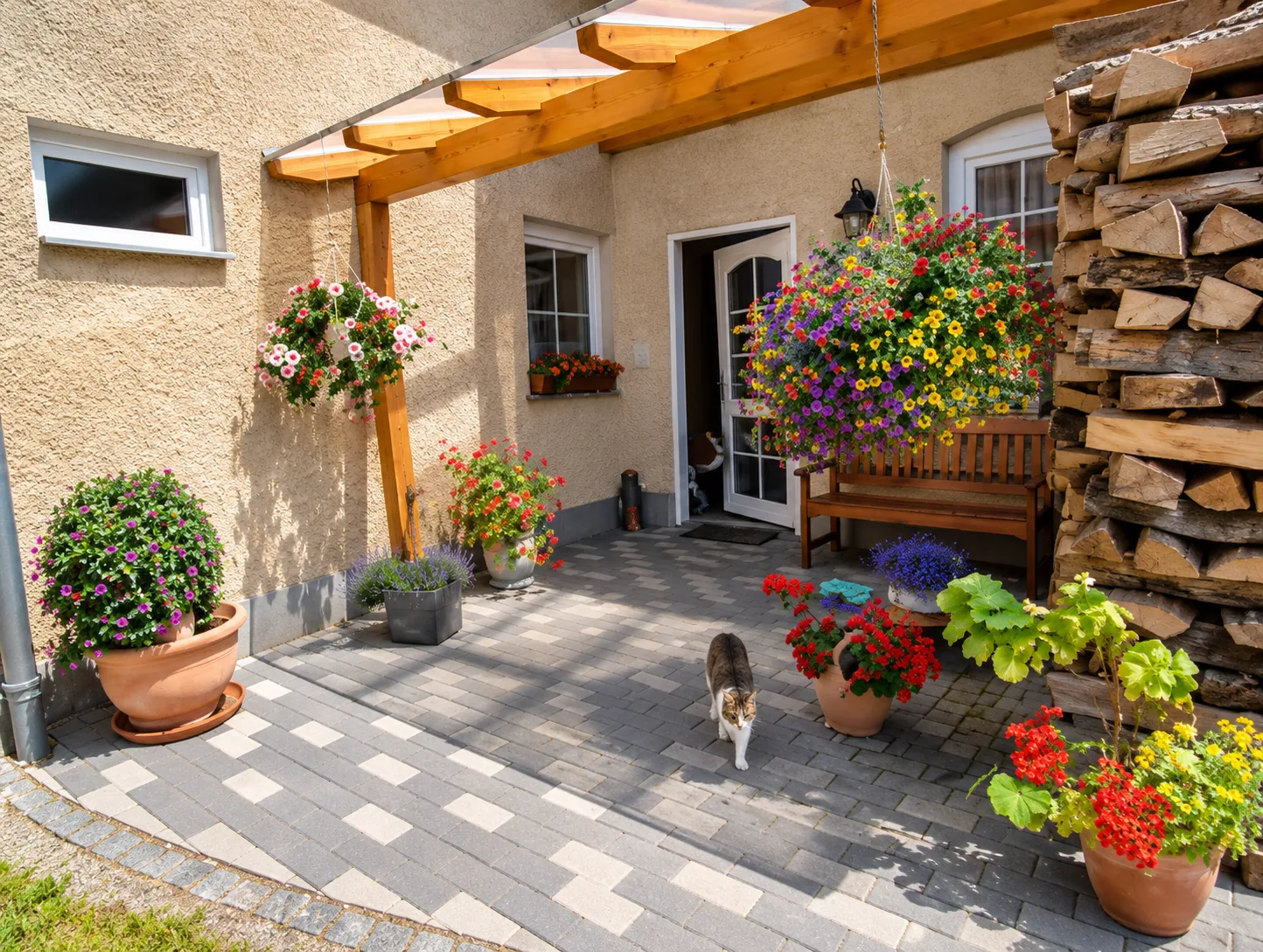 Eingangsbereich mit Blumen, Holzstapel und Hofkatze