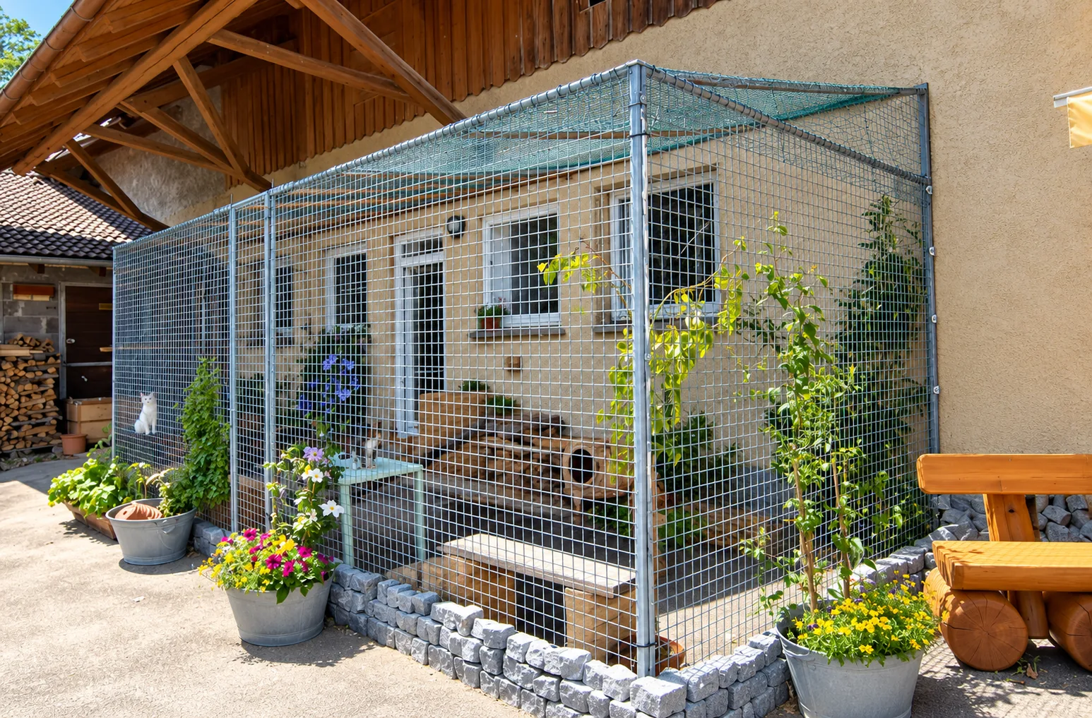 Sicher eingezäunter Katzenfreisitz neben der Terrasse